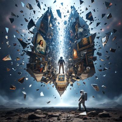 The primary subject of the image is a man standing in the middle of a large, artistic display. The setting is a space with a backdrop of a painting, and the visual style appears to be a combination of digital art and illustration. The colors and mood of the image are predominantly blue and dark, creating a sense of depth and intrigue.